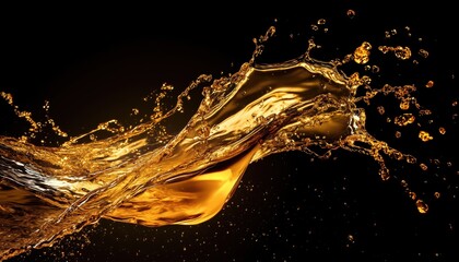 Liquid Gold Splashes: Abstract Beverages Featuring Whisky, Rum, Cognac, Tea, Or Oil On A Black Background