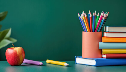 A colorful arrangement of school supplies, including books, pencils, and an apple.