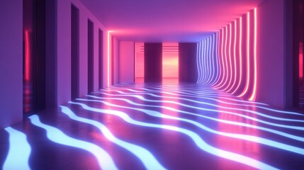 Neon corridor with wavy floor reflections.
