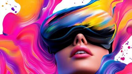 Fototapeta premium Woman in VR headset, vibrant colors, abstract background. Futuristic digital art.