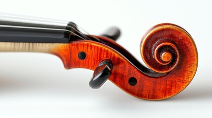 Violin scroll close-up, studio shot, white background, musical instrument detail