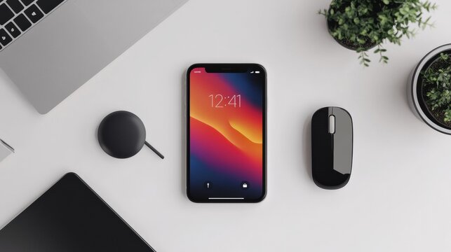 Stylish tech flat lay with smartphone, mouse, and plants on a work desk during daylight hours. Generative AI