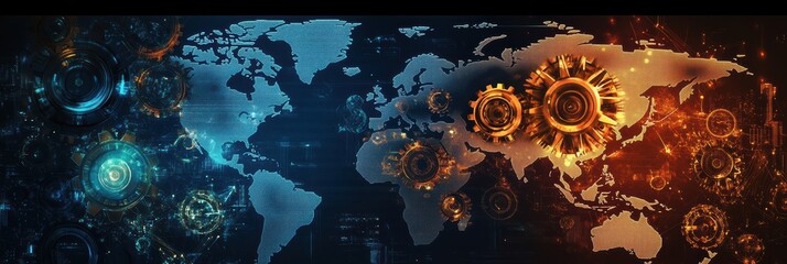 Graphic layout for global advertising featuring gears and digital elements in vibrant colors