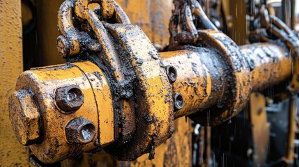 Close-up of a weathered hydraulic cylinder, showcasing rusty bolts and oil residue against a backdrop of raindrops.
