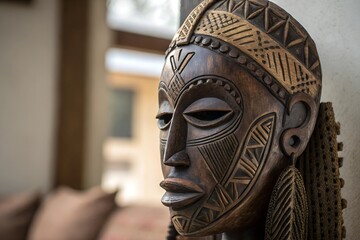 A striking African tribal mask, intricately carved from wood, used in rituals, ceremonies, and storytelling, embodying ancestral spirits and cultural heritage.