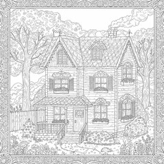 Obraz premium Detailed House & Home Building Design Coloring Book: Outline Sketch Doodle Illustrations with Page Drawing Elements