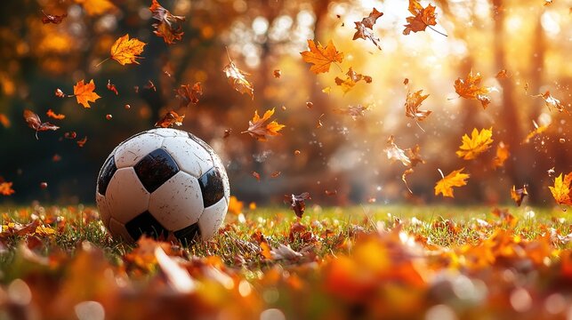 soccer ball on grass with autumn fall leaves flying orange yellow around copy space forest park meadow field outdoor outside nature foliage sport game play leisure activity - Powered by Adobe