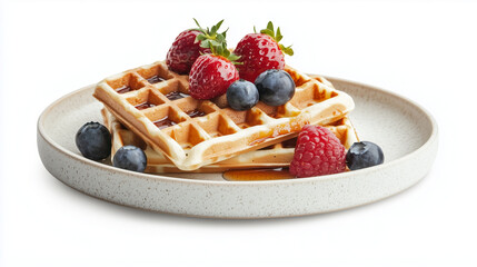 Fresh waffles with berries cream and assorted fruits for a delicious breakfast dessert
