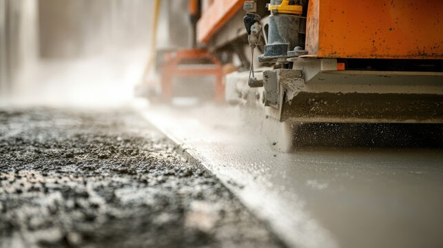 Close-up of a concrete paver machine applying fresh concrete on a construction site, surrounded by mist for a dramatic effect.