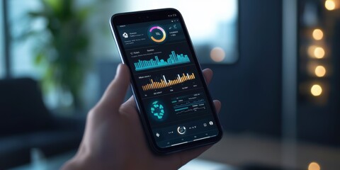Smart Home Energy Monitoring App Interface on Mobile Phone Displaying Realtime Data Analytics and Usage Statistics