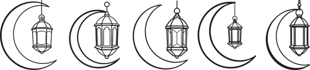 set of lantern hanging on crescent moon line art, black outline, vector and illustration, line art and outline