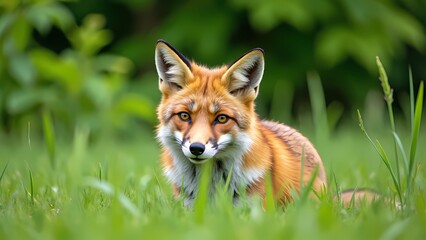 Fototapeta premium Red fox stares at the grass