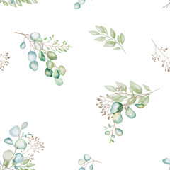 Hand-drawn watercolor seamless pattern of elegant eucalyptus branches with lush, aromatic leaves. Perfect for prints, minimalist home decor, wallpapers, wrap paper packages, clothes, backgrounds. 