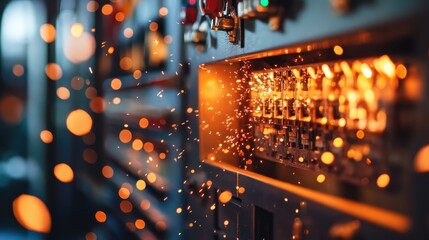 Obraz premium A close-up of electrical equipment illuminated by sparks, showcasing a dynamic interaction of light and energy in an industrial setting.