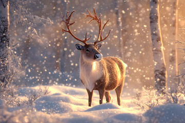 Majestic Reindeer in Snow-Covered Forest at Sunrise: A Tranquil Winter Scene
