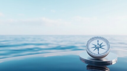 detailed close-up of compass mounted on yacht dashboard with reflections of ocean visible in glass