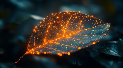 A detailed macro shot of a leaf enhanced with a glowing network of circuits symbolizing bio-tech advancements