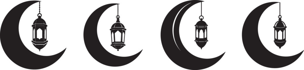 set of lantern hanging on crescent moon silhouette, black and white silhouette, vector and illustration