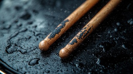 Wet drumsticks striking cymbal, splash, closeup