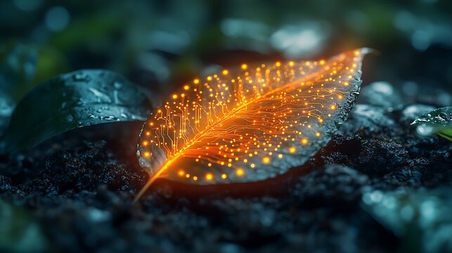 A powerful concept image of sustainable innovation featuring a glowing circuit leaf
