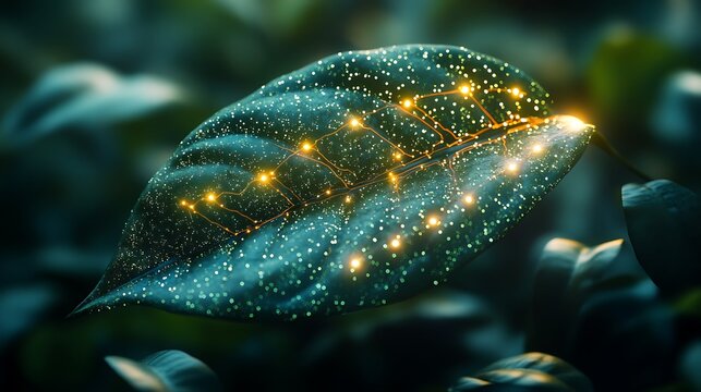 A futuristic botanical concept featuring a green leaf with sophisticated glowing circuitry