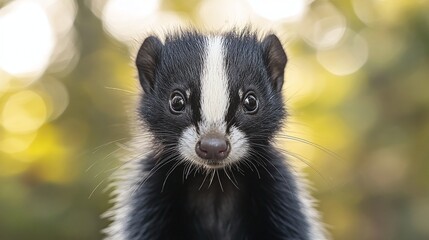 wild skunk portrait outdoors forest park striped mammal wildlife black fur white stripe small animal defensive smelly rodent species fauna natural cute furry creature