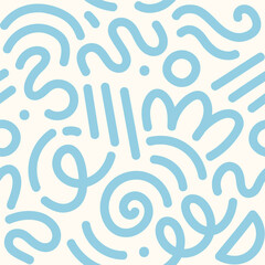 Memphis geometric seamless pattern. Multicolor abstract background in retro 80s, 90s style with various shapes: circles, semicircles, dots, zigzags, spirals, wavy lines. Cute kid doodle design.	