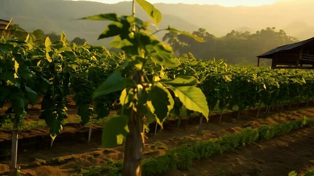 4K video showcasing black pepper organic farm Kampot Cambodia where vines climb wooden stakes dried plant plants swaying protect leaves intense sunlight