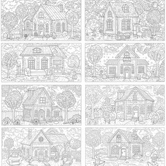 Obraz premium Detailed House & Home Building Design Coloring Book: Outline Sketch Doodle Illustrations with Page Drawing Elements