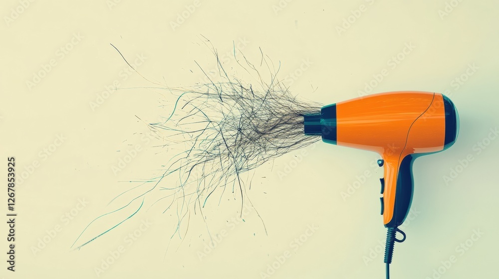 Poster hair dryer with tangled hair strands creating a messy and chaotic appearance against a plain backgro
