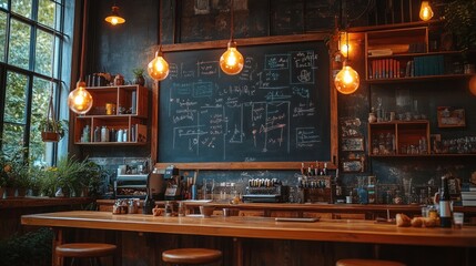 Industrial cafe interior with chalkboard, bar, and plants