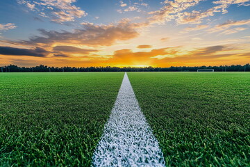 Aerial view of a soccer field with bright green grass at sunset. The stadium structure stands against a colorful sky, highlighting the passion and energy of football.

