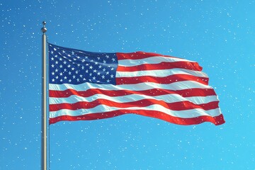 Obraz premium US flag waving proudly against a clear blue sky with a subtle snowfall