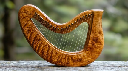 Wooden harp outdoors, nature background, musical instrument