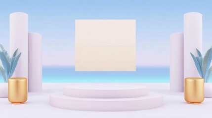 3D product launch event with a floating promotional banner