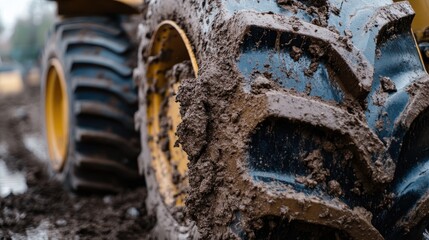 Close-up of a muddy tractor tire, showcasing its rugged texture and intricate tread design, conveying hard work and construction vibrancy.