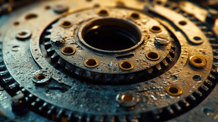 Close-up of intricate mechanical gears displaying metallic textures, highlighting detail in the inner workings of machinery.