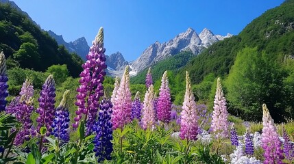 Mountain lupines blooming valley spring landscape