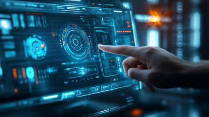 Obraz premium A futuristic smart home control system displayed on a virtual screen, with a hand interacting for remote automation