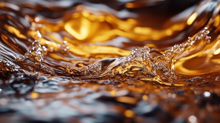 An abstract close-up of shimmering water with golden hues, capturing dynamic movement and sparkling bubbles.