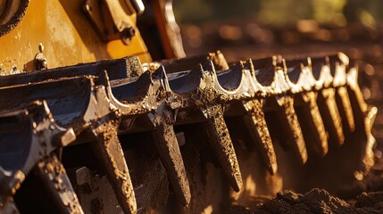 Close-up of a bulldozer's metal tracks covered in dirt, showcasing its robust design and the power of heavy machinery in construction and earthmoving.