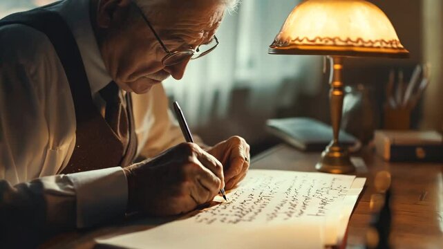 An elderly man with glasses and a thoughtful expression writes on paper under the glow of a desk lamp. The cozy atmosphere, warm lighting, and cluttered desk evoke themes of wisdom, nostalgia