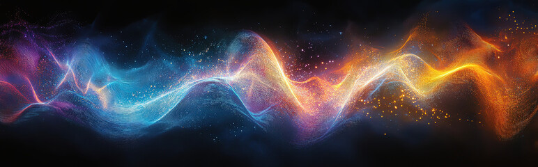 Abstract, pulsing sound waves made of neon light, rippling through a dark void. The waves vibrate in electric blue, magenta, and gold, creating a hypnotic sense of rhythm 