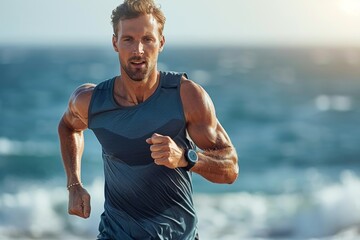 Runner monitoring health with smartwatch displaying fitness data during exercise activity