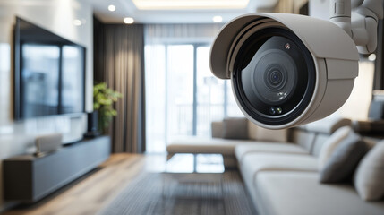 A modern living room equipped with a CCTV camera and a gray sofa