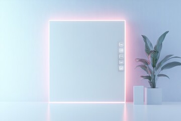 modern interactive wall panel in sleek white with glowing silver controls surrounded by minimalist background and ample