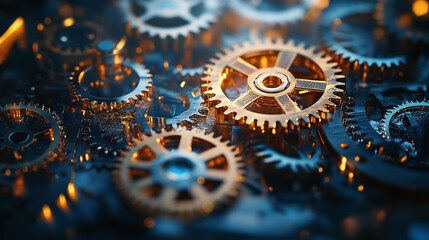 Intricate network of gears. Metallic cogs and wheels interlocked. Precision engineering concept. Symbolizes teamwork, process, and mechanisms.