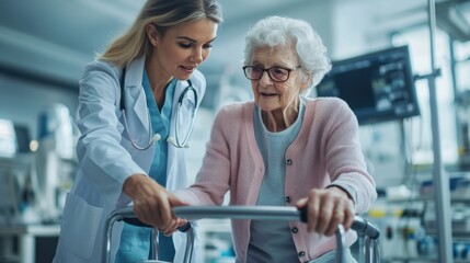 Obraz premium Doctor and elderly woman with a walking frame in a modern rehabilitation center, focusing on healthcare and support