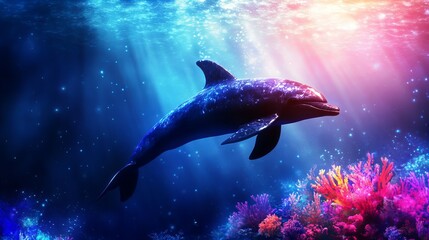 Obraz premium A dolphin gracefully swims through a vibrant coral reef, bathed in the magical glow of underwater sunlight.