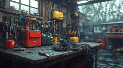 Rainy day workshop, tools, wire, cluttered workbench, outdoor shed